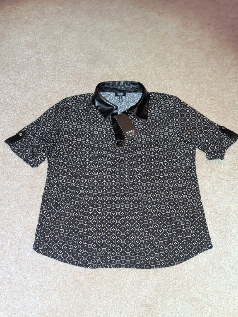 Jones New York Black Top with Beige Geometric Print and Faux Leather Collar
